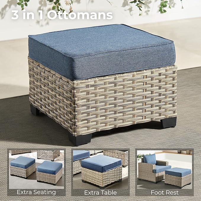 HOOOWOOO Outdoor Sectional Patio Furniture Set,7 Pieces Wicker Conversation Sets,Extra Deep Out Door Sofa Outside Furniture Couch with Ottoman,Denim Blue