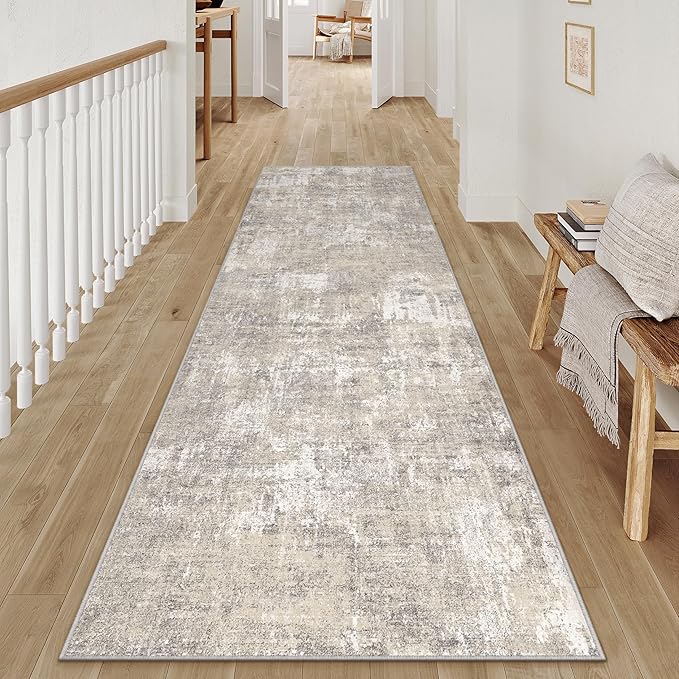 Machine Washable Runner Rug 2x8 Beige Gray Neutral Hallway Indoor Accent Modern Abstract Kitchen Low Pile Carpet Non Slip Distressed Throw Area Rug Living Room Bedroom Office Dining Room