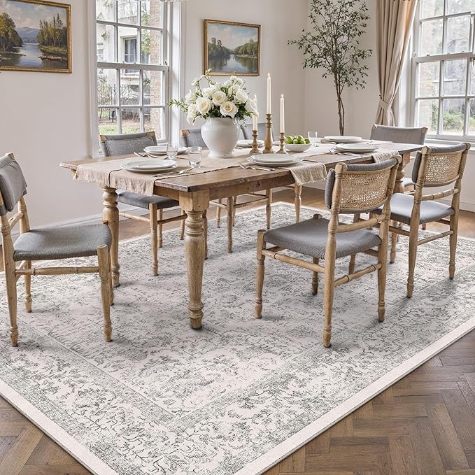 Gray Area Rug 7x9 Machine Washable Vintage Living Room Distressed Non Slip Carpet Traditional Indoor Bedroom Grey Retro Floral Accent Throw Large Rug for Office Kitchen Dining Room
