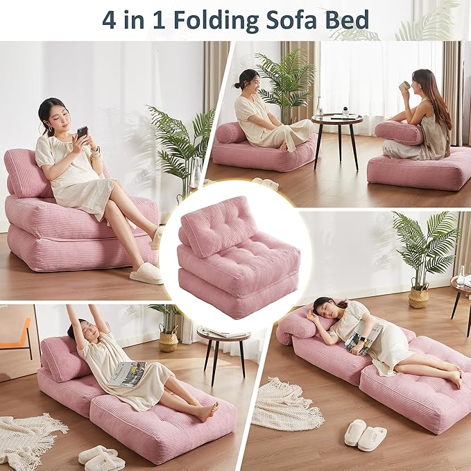 Folding Chair Bed, Futon Sofa Bed, Floor Couch for Adults Chair for Living Room, Lounge Sofa, Convertible Sofa Bed, Small Couches for Small Spaces, Pink