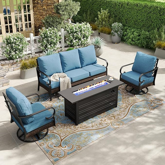HERA'S HOUSE 4 Piece Patio Furniture Set with 56" Fire Pit Table, 2 x Swivel Cushioned Chair, 1 x 3-Seat Sofa, 5-Seats Outdoor Conversation Set for Lawn Garden Deck, Navy Blue
