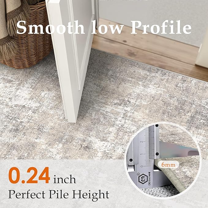 Machine Washable Runner Rug 2x6 Beige Gray Hallway Neutral Indoor Accent Modern Abstract Kitchen Low Pile Carpet Non Slip Distressed Throw Area Rug Living Room Bedroom Office Dining Room