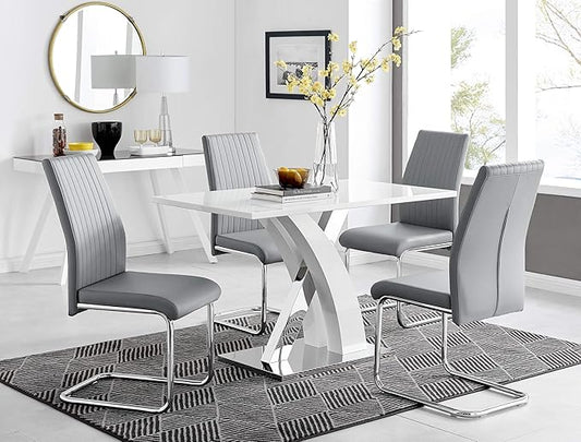 Atlanta White High Gloss and Chrome Metal Rectangle Dining Table and 4 Elephant Grey Lorenzo Dining Chairs Set