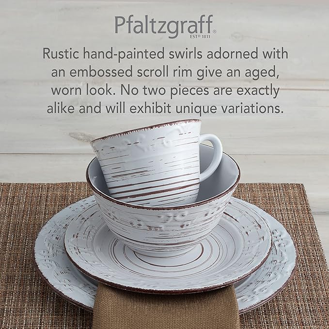 Pfaltzgraff Trellis White 16-Piece Stoneware Dinnerware Set, Service for 4, Distressed White Finish, Microwave & Dishwasher Safe Plates and Bowls