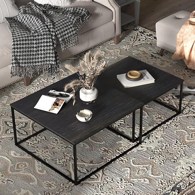 Nesting Coffee Table Set of 2,Outdoor Coffee Table,Industrial End Table Side Tables for Living Room Bedroom (Black)