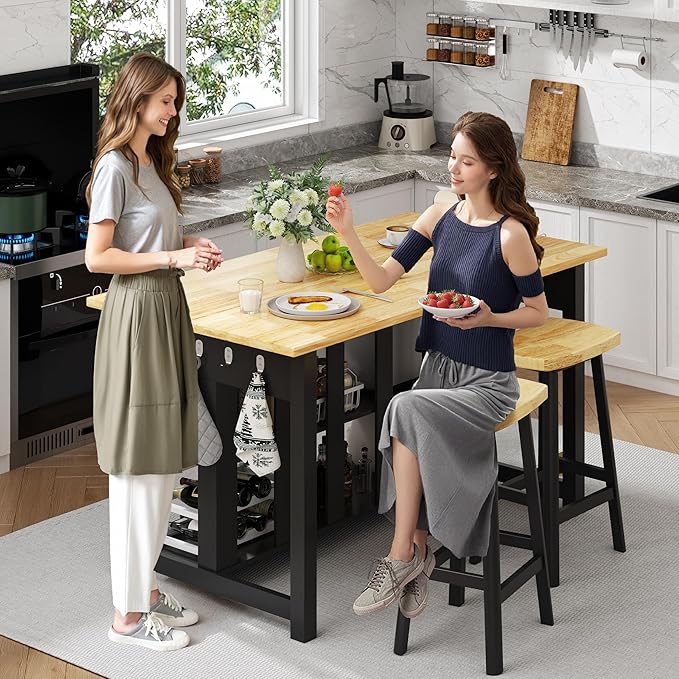 47.3" Solid Rubberwood Kitchen Island with Power Outlets - Extra Large Work Surface, 2 Drawers & Open Shelves Storage Cabinet for Kitchen Dining Room, Farmhouse Style (Black)