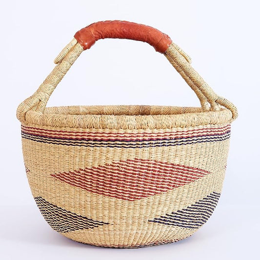 AYÉYA Mini Market Basket – Small Neutral African Handwoven Basket with Leather Handle – Artisan Wicker Tote for Storage, Gifting, or Garden Use – Handmade in Ghana