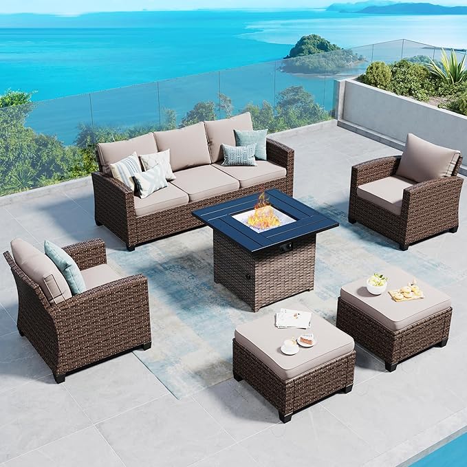 Patio Furniture Set Outdoor Furniture Brown Wicker Rattan Patio Conversation Sets with Cushion Outside Sofa Set,5 Pieces with Firepit Table,7 Seats,Beige