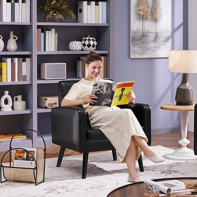 Yaheetech Mid-Century Accent Chairs, PU Leather Modern Upholstered Living Room Chair, Cozy Armchair Button Tufted Back and Wood Legs for Bedroom/Office/Cafe Black