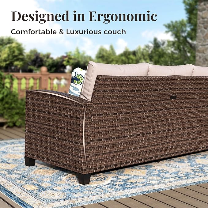 Patio Furniture Set, 6 Pcs Wicker Rattan Outdoor Conversation Set, 2 x Leg Chairs, 1 x 3 Seater Sofa and 2 x Ottoman with 4" Thick Cushion and 32" Fire Pit Table, Beige
