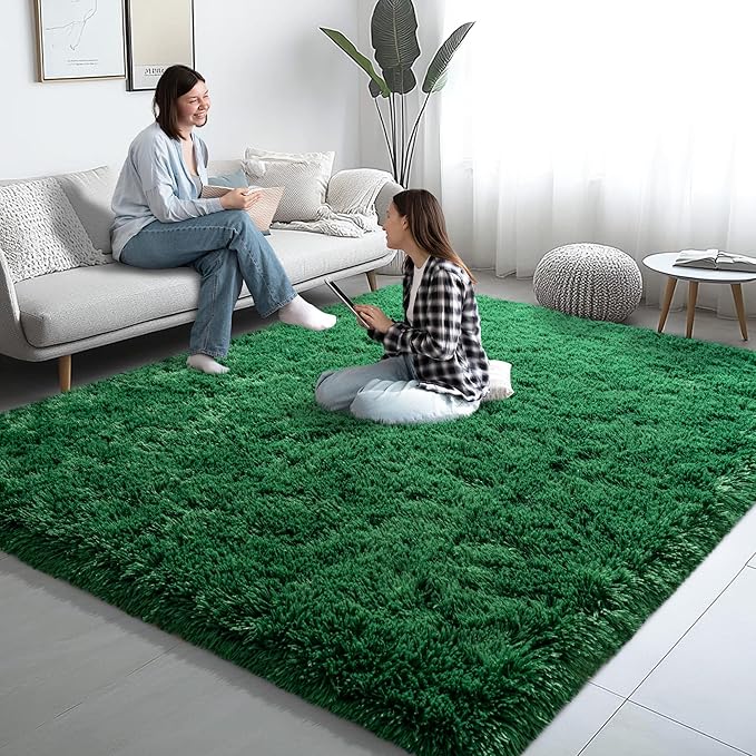 6x9 Area Rugs for Living Room, Green Fluffy Shaggy Rug Soft Carpets, Rugs for Bedroom Nursery Kids Room Dorm Home Decor Aesthetic, Dark Green