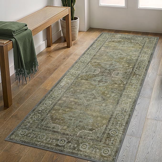 GENIMO Runner Rug 2x7 Non Slip Machine Washable Vintage Hallway Runner Rugs, Low Pile Lightweight Mat for Living Room, Entryway, Bedroom, Kitchen and Corridor, Distressed Sage