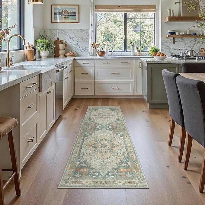 GENIMO 2x10 Runner Rugs for Hallway, Machine Washable Non Slip Vintage Rugs, Low Pile Lightweight Soft Print Rug for enrtyway, Corridor, Home Office, Kitchen,Ash Blue
