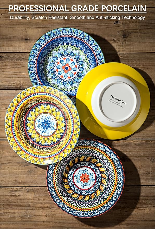Soup and Pasta Bowls/Plates Set of 4-18 Oz Wide Rim, Porcelain Serving Bowls for Kitchen, Deep Dinner Plates - Microwave & Dishwasher Safe - Bohemian Style