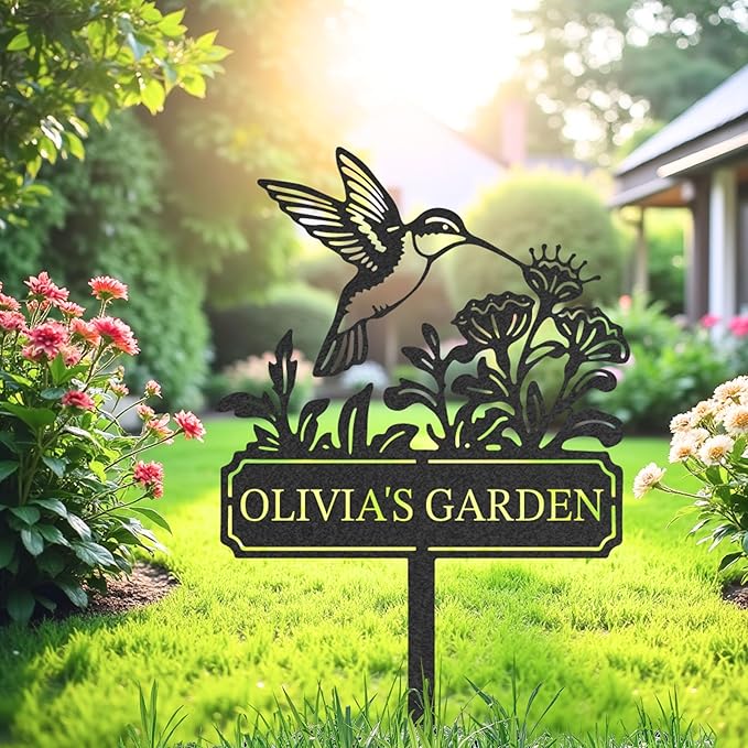 Personalized Garden Metal Sign, Custom Garden Stake, Hummingbird Yard Stake, Customized Name Sign for Outdoor, Outdoor Gardening Decor Gifts for Gardeners