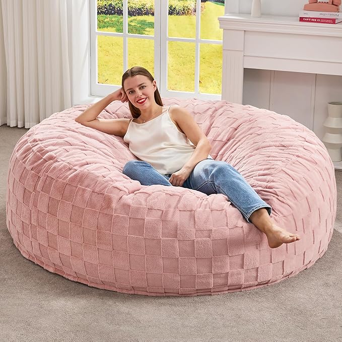 Hobestluk Bean Bag Chairs Beanbag Chair with Filler Adult Bean Bags with Fluffy Plaid Cover, Giant Bean Bag Chairs for Adults for Living Room, Bedroom (Pink, 5FT - 50” x 50” x 24”)