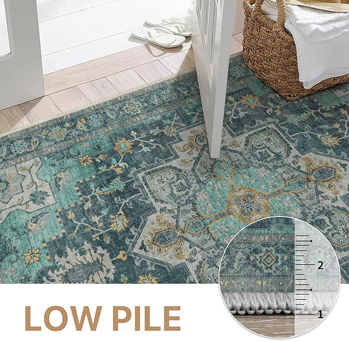 GENIMO 2x10 Runner Rugs for Hallway, Machine Washable Non Slip Vintage Rugs, Low Pile Lightweight Soft Print Rug for Enrtyway, Corridor, Home Office, Kitchen, Dark Green