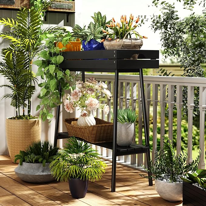 BAMBANG Bamboo Plant Stand Indoor, 2 Tier Small Plant Table, Tall Plant Stand for Indoor Plants, Window Sill Plant Shelf, Flower Pot Holder Plant Bench Plant Rack for Living Room Outdoor, Black