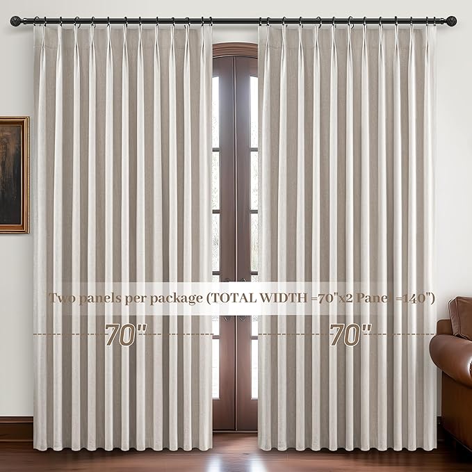 Curtains 70 Inch Length Wide Pinch Pleated Blackout Curtain for Sliding Glass Door/Living Room, Farmhouse Natural Linen Thick Boho Bedroom Heavy Insulated Large Window Drapes (70"Wx90"Lx2Panels)