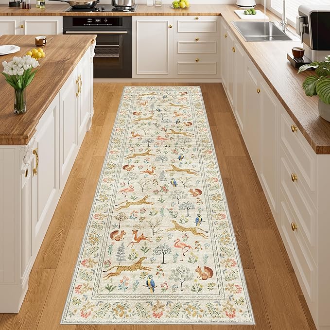 DUKINO 2.6x8 Rug for Hallway, Washable Kitchen Runner Rug with Non Slip Backing, Soft Low Pile Vintage Animal Runner for Bedroom, Kitchen, Hallway, Entryway, Laundry, Beige