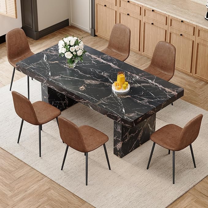 79" Marble Dining Table Set｜Modern Dining Table Set with 6 Suede Chairs｜Engineered Wood with Marble Pattern Tabletop｜Widened and Stable Tablelegs｜Easy Assembly