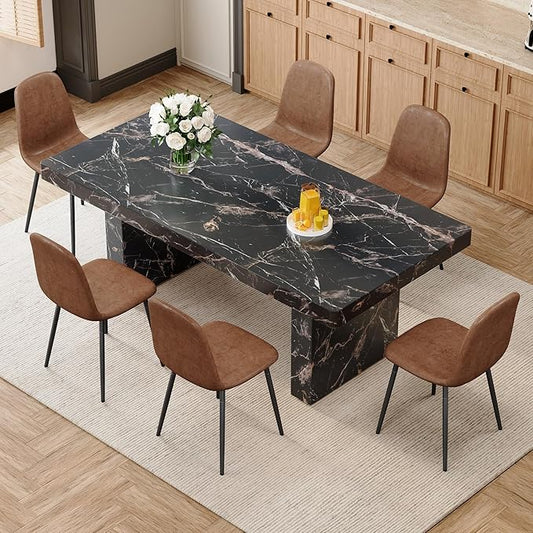 79" Marble Dining Table Set｜Modern Dining Table Set with 6 Suede Chairs｜Engineered Wood with Marble Pattern Tabletop｜Widened and Stable Tablelegs｜Easy Assembly