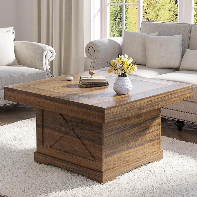 Coffee Table 31.5 in Rustic Center Table with X Design Wooden Pedestal for Living Room, Easy Assembly Small Square Home Office Tea Accent Table for Dining Room Apartment, Walnut
