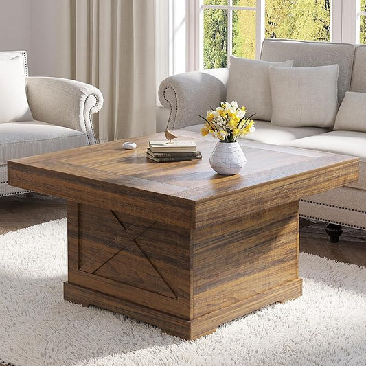 Coffee Table 31.5 in Rustic Center Table with X Design Wooden Pedestal for Living Room, Easy Assembly Small Square Home Office Tea Accent Table for Dining Room Apartment, Walnut