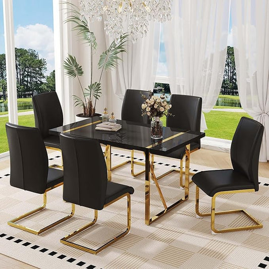Black Dining Table Set for 6, 55" Dinner Table Set for 6, 1.5" Black Glossy Wood Tabletop with Gold Metal Legs, Modern Kitchen Table Set with 6 Bow-legged Faux Leather Chairs for Dining, Small Space