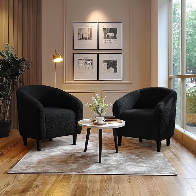Yaheetech Armchair Set of 2, Boucle Fabric Club Chair, Furry Sherpa Elegant Siting Chair with Cozy Soft Padded for Living Room Bedroom Reception Room Office, Black