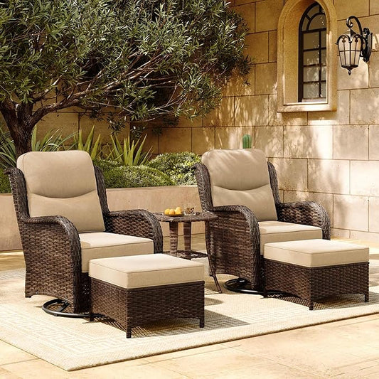 HILLGA Luxury Patio Furniture Set with 6-inch Thick Cushion, Outdoor High Back Swivel Rocker Patio Chairs, 5PCS Wicker Conversation Set for Deck Yard and Poolside, Beige (V2)