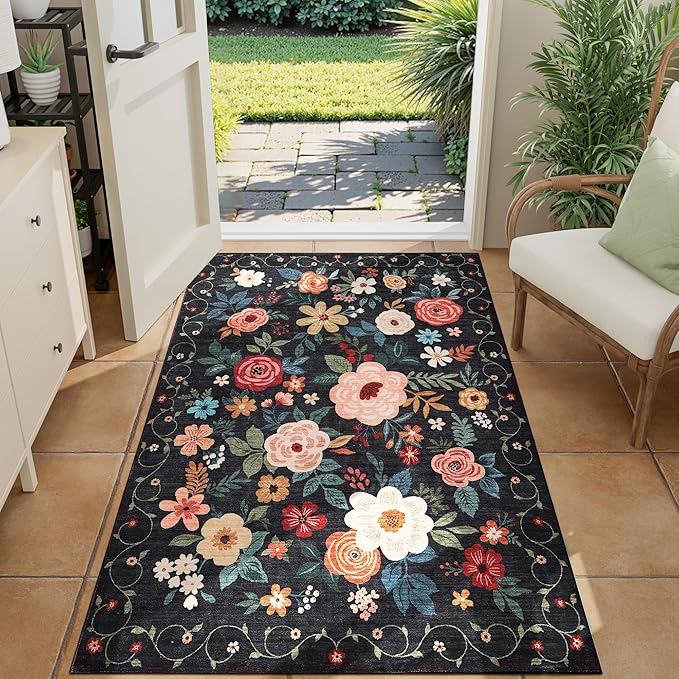 DUKINO 3x4 Area Rug, Lightweight Non Slip Washable Floral Rug, Indoor Low Pile & Non-Shedding Boho Design Carpets for Bedroom, Kitchen, Dining Room, Black