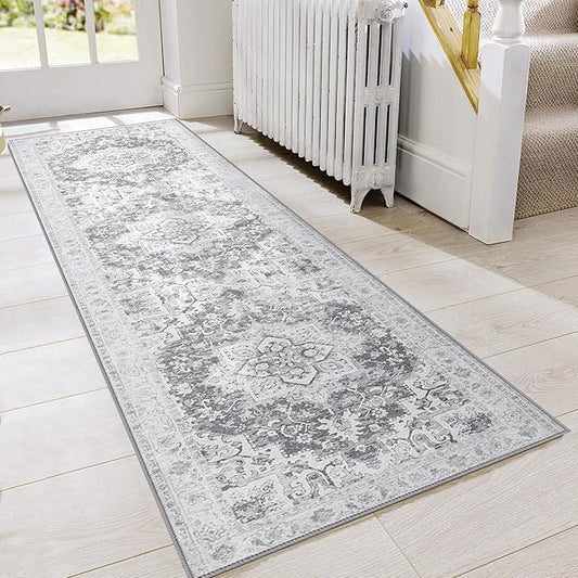 GENIMO Runner Rug 2x7, Non Slip Vintage Machine Washable Hallway Runner, Low Pile Rugs for Living Room, Entryway, Bedroom, Kitchen and Corridor, Gray