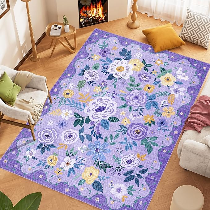 DUKINO 6x9 Area Rug, Floral Rugs for Living Room, Lightweight Non Slip Washable Rug, Indoor Low Pile & Non-Shedding Boho Design Rugs for Bedroom, Living Room, Dining Room, Purple