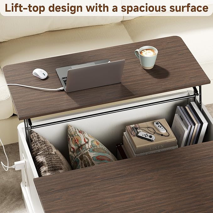 35" Farmhouse Lift Top Coffee Table, Wood Square Center Table with Charging Station, Rounded Edge Table with Hidden Storage, for Living Room, Bedroom, Office, AC, USB Output, White Walnut