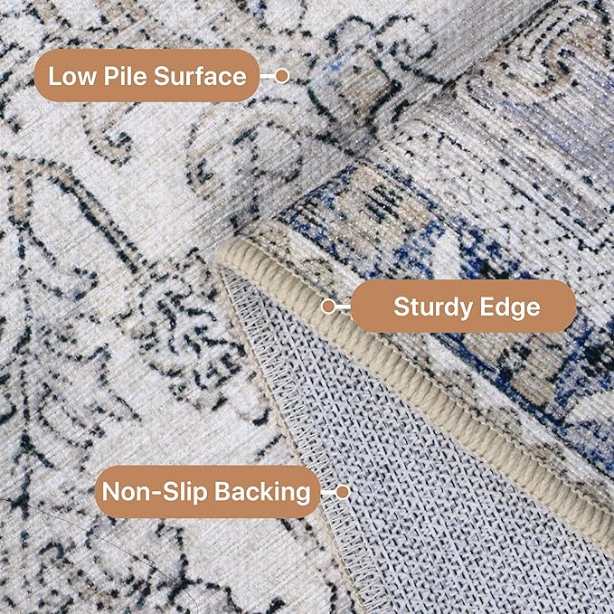 GENIMO 9x12 Area Rugs for Living Room, Machine Washable Non Slip Vintage Retro Rugs, Low Pile Lightweight Thin Print Rug for Bedroom, Dining Room, Home Office, Khaki Blue