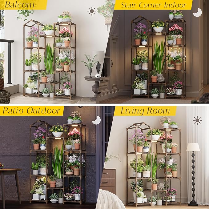 Wooden Plant Stand with Grow Light, 4-Tier Indoor Ladder Shelf with Roof Design, Carbonized Wood Rack for Balcony, Corner, or Living Room, Space-Saving Decorative Holder
