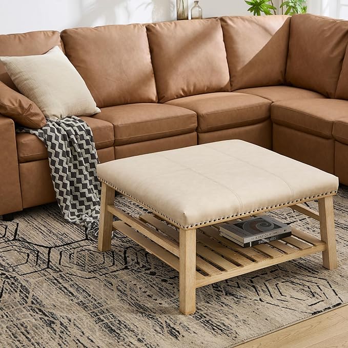 Large Square Coffee Table with Storage,Modern Faux Leather Ottoman Coffee Table,Luxury Upholstered Couch Table for Living Room/Sofa/Bedroom,Beige