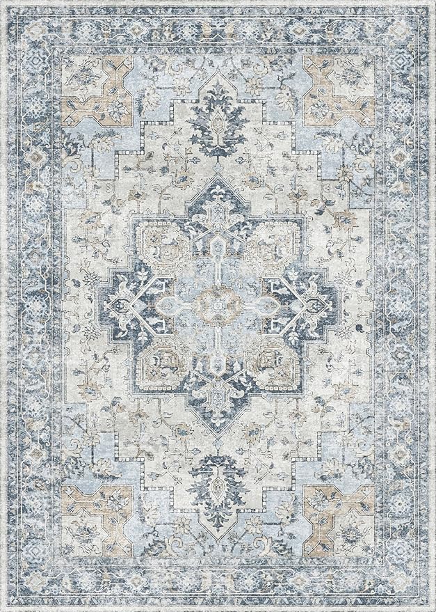 GENIMO 6x9 Area Rugs for Living Room, Non Slip Machine Washable Rugs, Low Pile Chenille Print Rug for Bedroom, Dining Room, Home Office, Blue