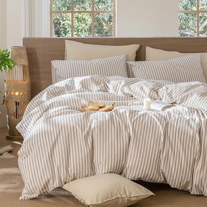 MooMee Striped Duvet Cover Set 100% Washed Cotton Linen Like Textured Breathable Durable Soft Comfy (Tannish Linen Grey White Classic Stripes, Cal King 104"x98")