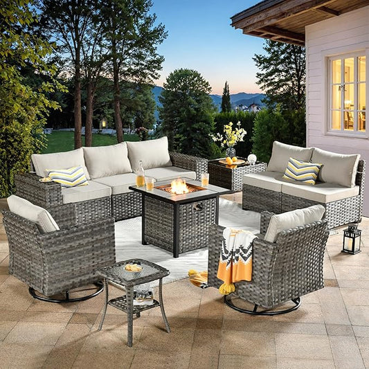 ovios 10 Pieces Patio Furniture Set, Outdoor Wicker Sectional Sofa with 30" Fire Pit Table Swivel Chairs, Modern Modular Deep Seat Rattan Couch Conversation Sets, Beige