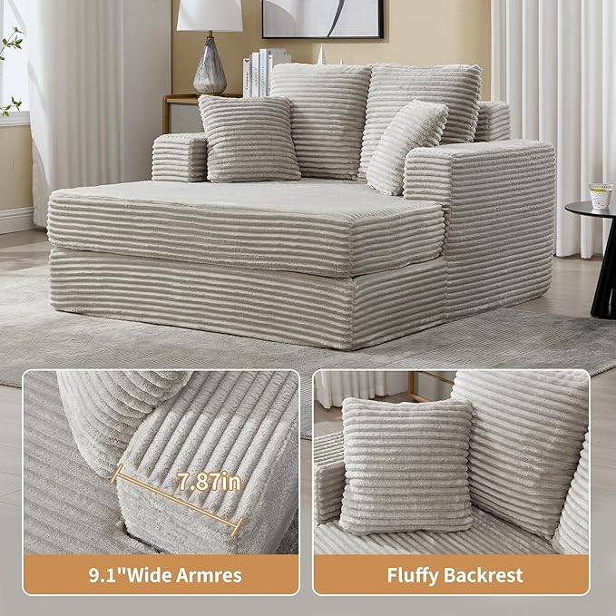 59" Chaise Lounge Chair Indoor - Oversized Comfy Corduroy Upholstered Sleeper Sofa with 4 Pillows & Armrests, Deep Seat Reading Chair Couch for Living Room, No Assembly Required - Light Gray