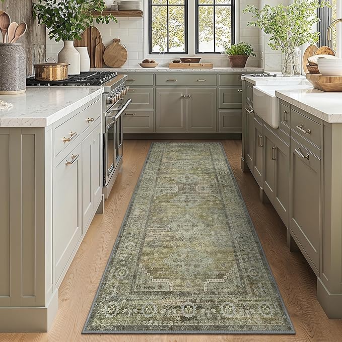 GENIMO Runner Rug 2x8 Non Slip Machine Washable Vintage Hallway Runner Rugs, Low Pile Lightweight Mat for Living Room, Entryway, Bedroom, Kitchen and Corridor, Distressed Sage