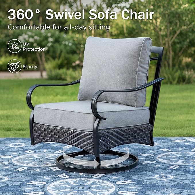 Swivel Patio Sofa Chairs - 2 PCS Outdoor Swivel Rocker Armchairs, Patio Seating with High Back Deep Seat for Porch Deck Balcony