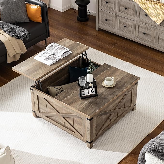 EnHomee Lift Top Coffee Table with Storage, 35.7" W Square Coffee Tables for Living Room, Small Coffee Table with Large Hidden Space, for Living Room, Bedroom, Home Office, Grey