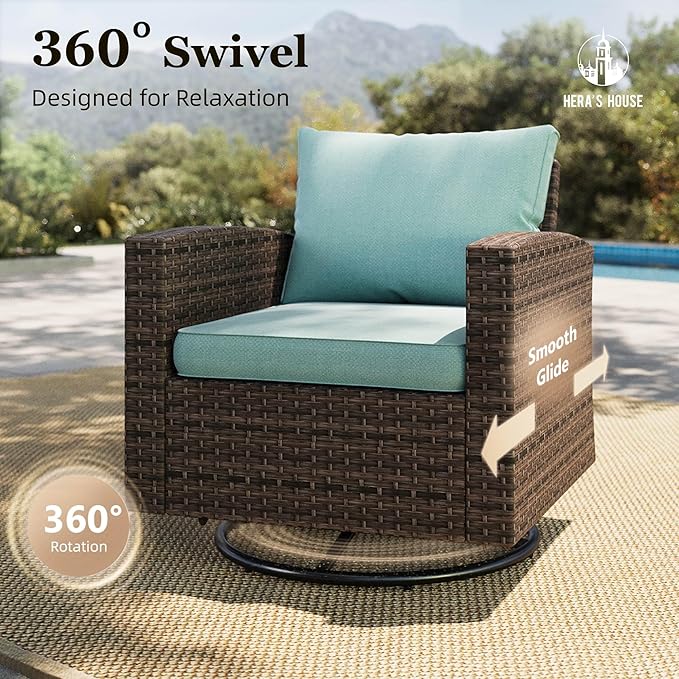HERA'S HOUSE Swivel Glider Patio Furniture Set, 5 Pieces Outdoor Seating Furniture Sets, 3-Seat Wicker Sofa with Ottomans, All Cushioned Patio Conversation Sets for Backyard Deck, Blue