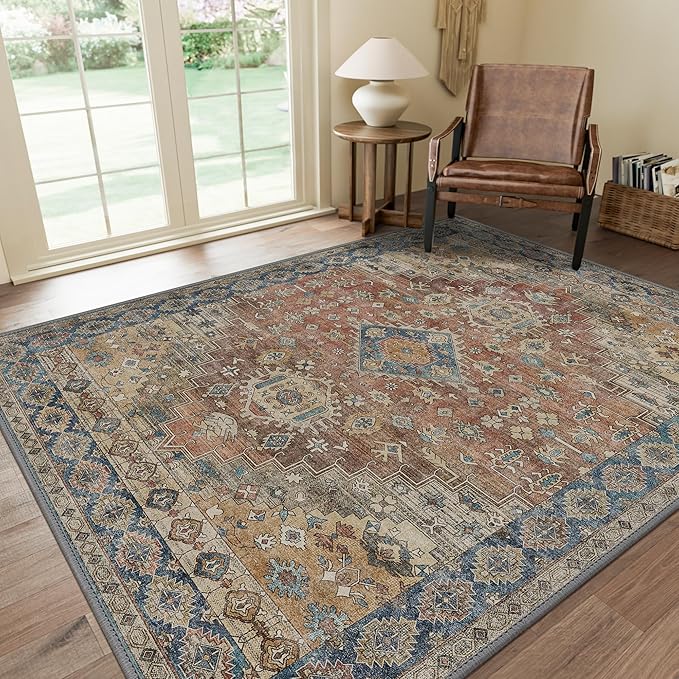 GENIMO 8x10 Area Rugs for Living Room, Machine Washable Non Slip Vintage Rugs, Low Pile Lightweight Chenille Print Rug for Bedroom, Dining Room, Home Office, Antique Red