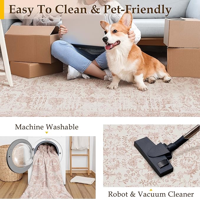 Pink Area Rug 5x8 Machine Washable Vintage Living Room Distressed Non Slip Carpet Traditional Indoor Bedroom Retro Floral Accent Throw Large Rug Office Kitchen Bathroom Dining Room