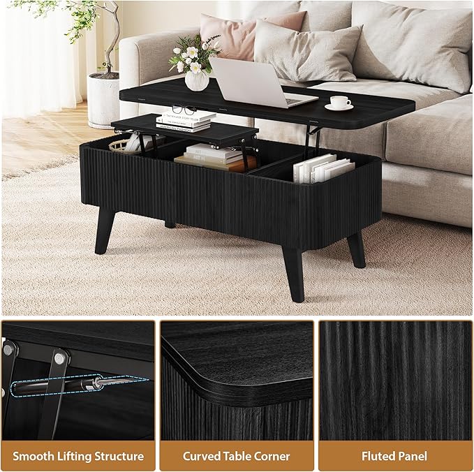 3 in 1 Lift Top Coffee Table, Fluted Convertible Coffee Tables Converts to Dining Tables, Modern Oval Wooden Center Table with Storage for Living Room Office Small Space, Partial Assembly (Black)