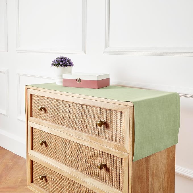 Solino Home Linen Table Runner 72 Inches Long - Athena, 100% Pure Linen Chambray Olive Table Runner 14 x 72 Inch for Dining, Fall, Autumn, Thanksgiving